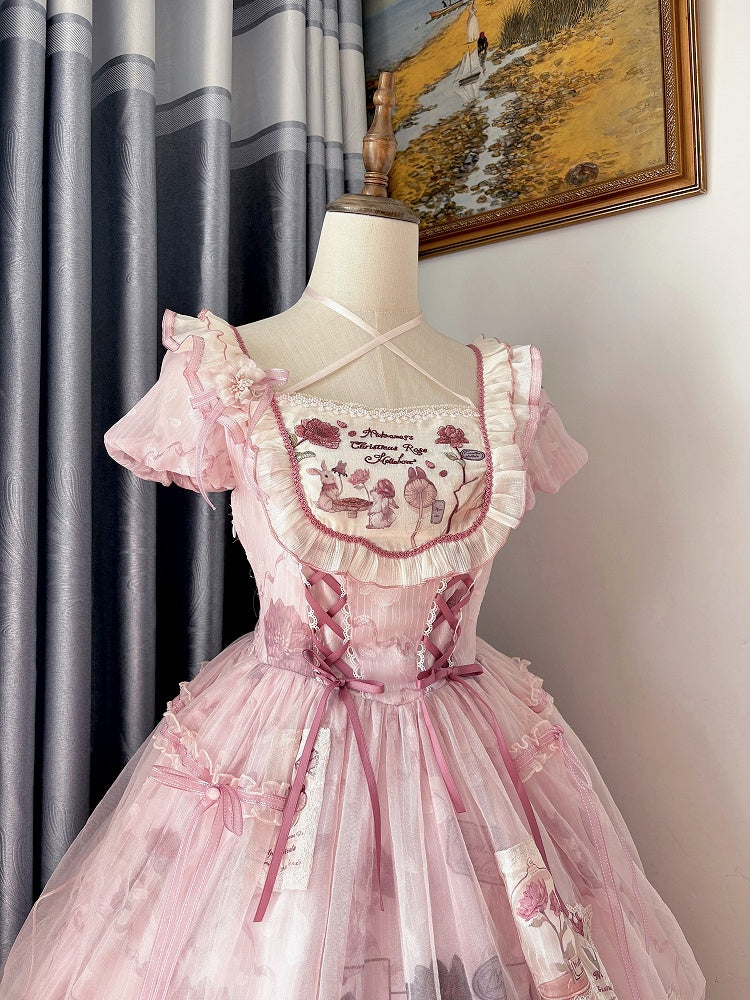 Taille gewellt rosa Trim Bunny Edge Prinzessin Kleid Rock Lolita Print Rüschen Baskisch