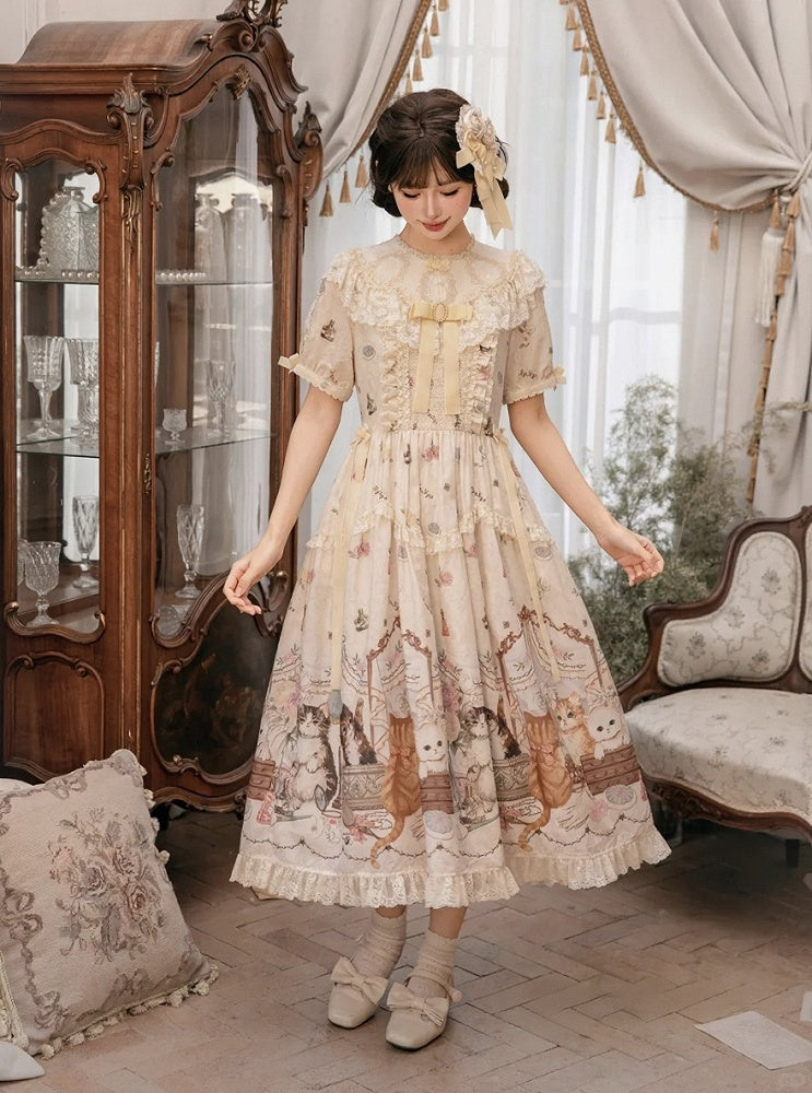 Beige Cat Print Round Neck Sweet Lolita Dress with Lace Trim - NyaNya