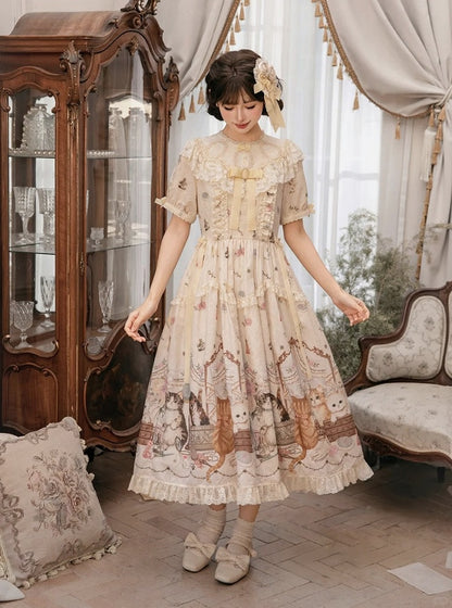 Beige Cat Print Round Neck Sweet Lolita Dress with Lace Trim - NyaNya