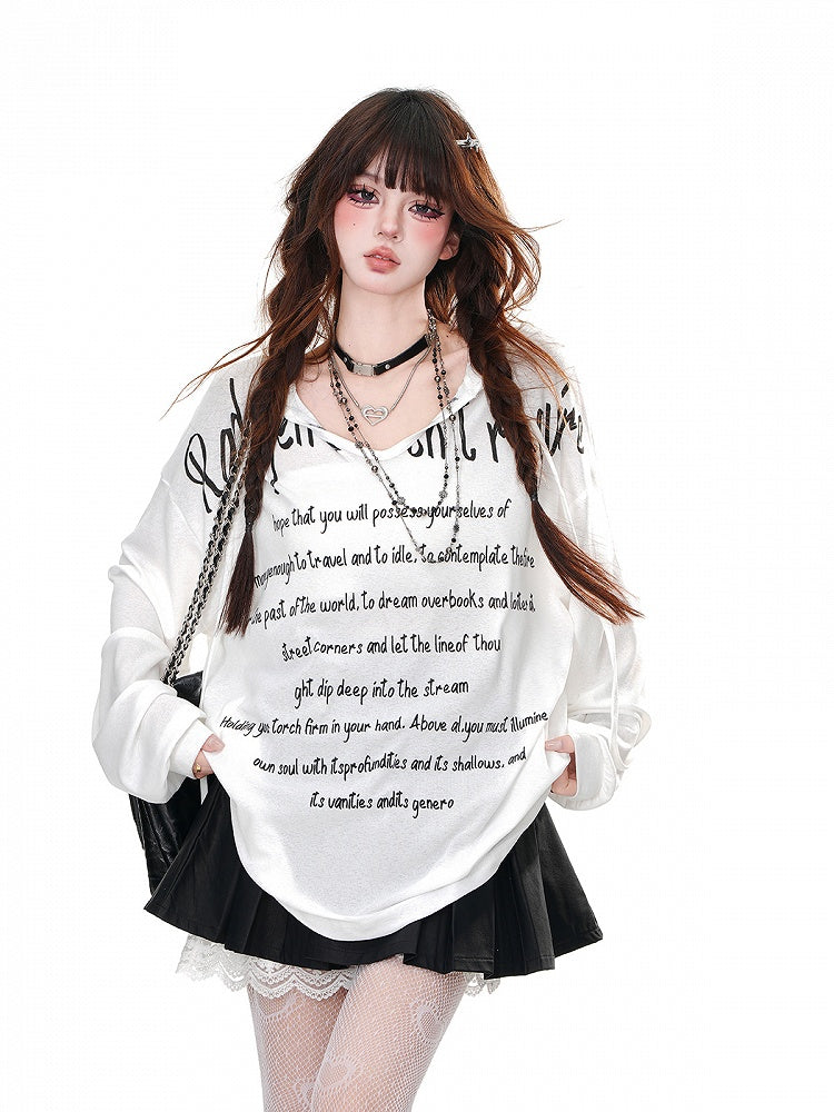 Hoodie V-Ausschnitt Schwarz/Weiß/Blau Buchstabendruck Locker Halbtransparent