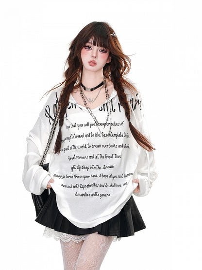 Hoodie V-Ausschnitt Schwarz/Weiß/Blau Buchstabendruck Locker Halbtransparent