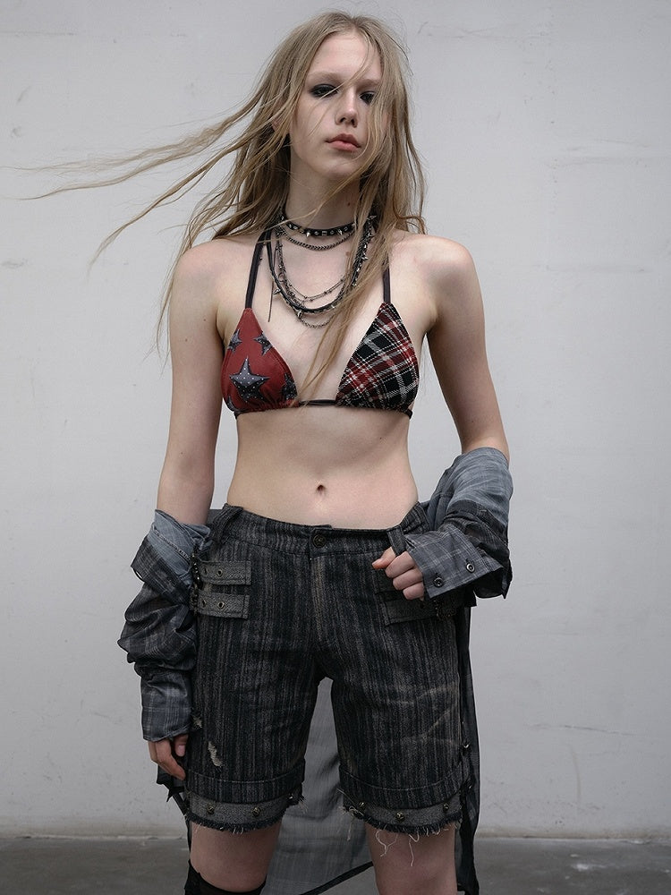 Black Details Shorts Wash Punk Wasteland Decorated Buckle Faded Studs