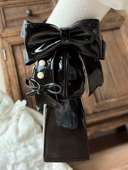 Straps Janes Crisscross Style Heel Block Lolita Black with Mary Bow High - Bead-Embellished Accents Sweet