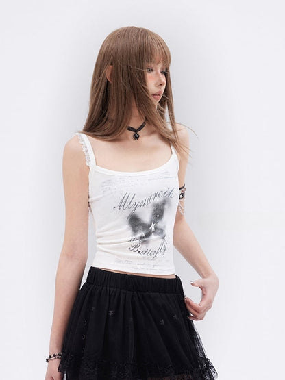 Cami Top Schmetterlingsdruck Spitzenbesatz Weiß Glamorous Slim-Fit