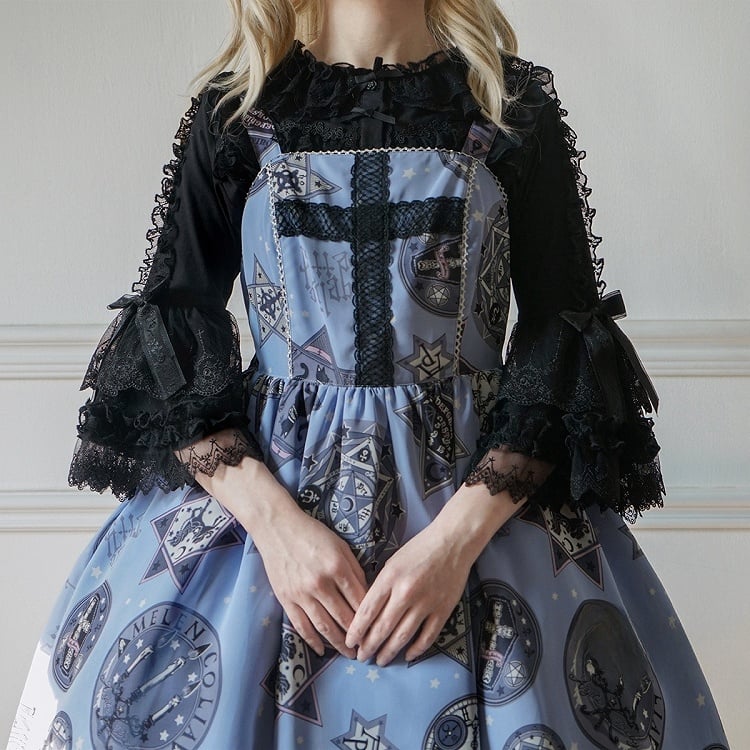 Sleeves Neckline Black 3/4 Lolita Ruffle Blouse