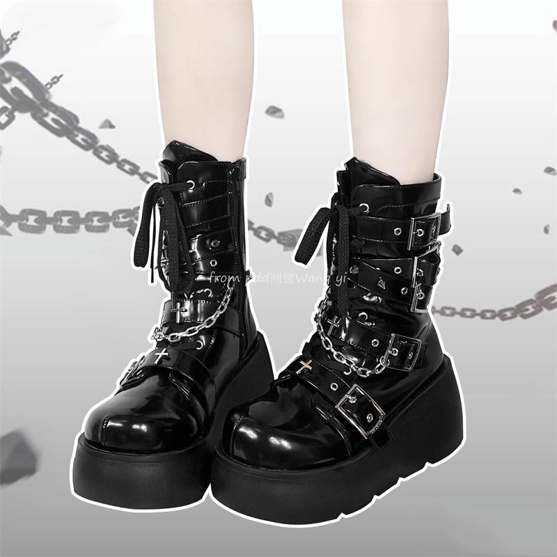 Night Rider Cross Platform Martin Boots – Y2K Thick Sole Round Toe Cool Ankle Boots | GURURU