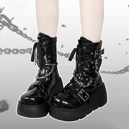 Night Rider Cross Platform Martin Boots – Y2K Thick Sole Round Toe Cool Ankle Boots | GURURU