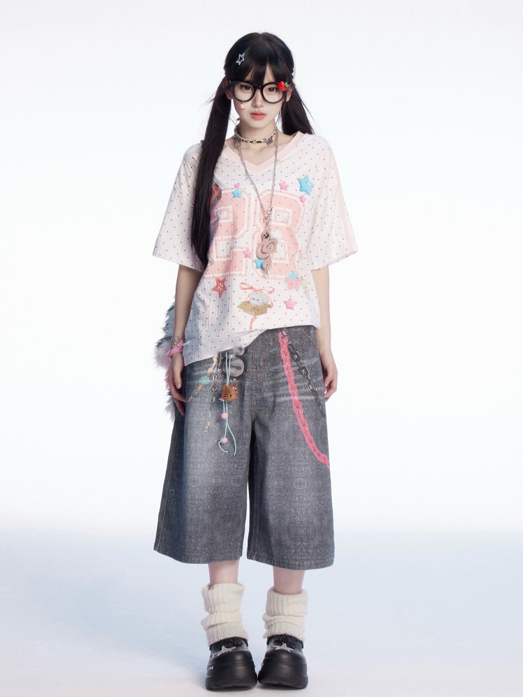 ウエストチェーンプリント フェードウォッシュ ワイドレッグジーンズ グレー ロー