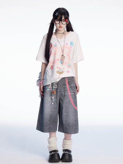 ウエストチェーンプリント フェードウォッシュ ワイドレッグジーンズ グレー ロー