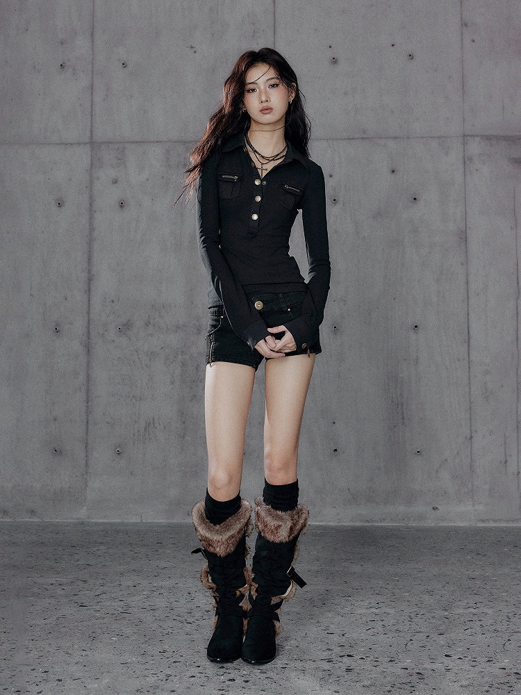 Button Knit Cuffs Black - Shirt Sleeve Long Slim-fitting