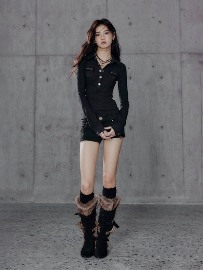 Button Knit Cuffs Black - Shirt Sleeve Long Slim-fitting
