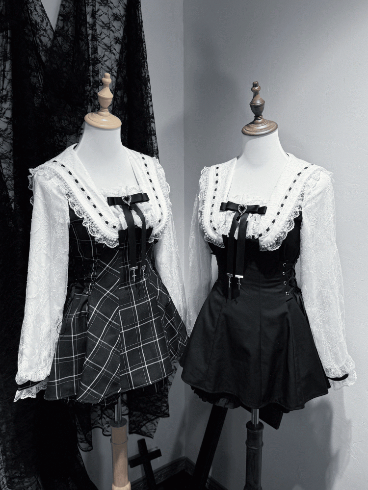 Kei Plaid Set: Matching Black Tie Jirai Shorts with Mini Dress Two-Piece Collar Beaded Waist / Side