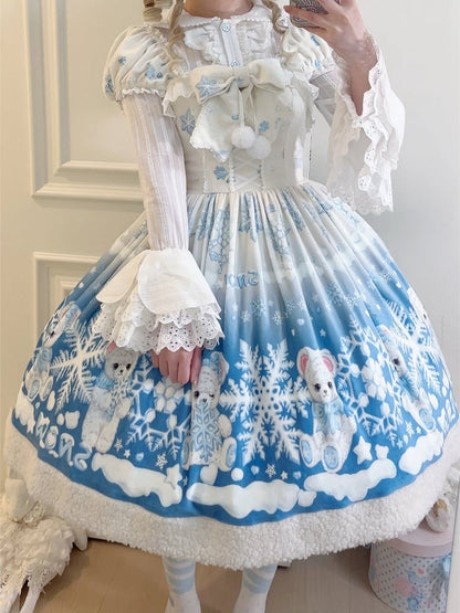 Süßes Lolita-Kleid mit Teddy- und Schneeflocken-Muster und Winterfleece-Saum