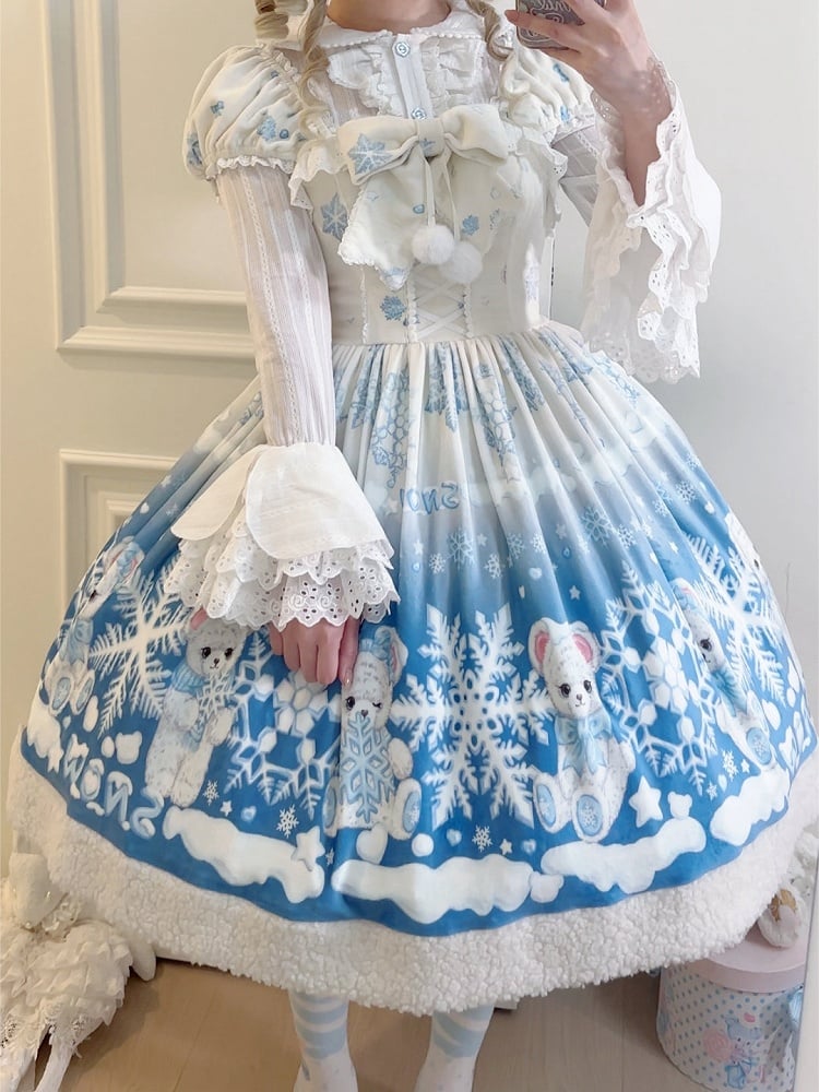 Süßes Lolita-Kleid mit Teddy- und Schneeflocken-Muster und Winterfleece-Saum