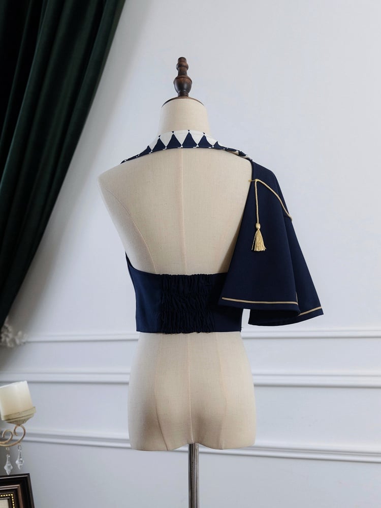 Blue Circus with Vibes Diamond Lolita Pattern Waistcoat Ouji Notched One-Shoulder Dark Collar Cape