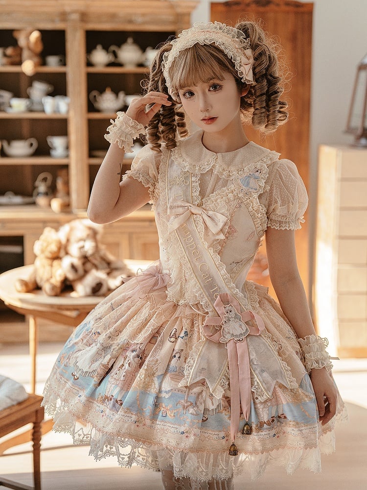 Corset Beige JSK Sweet Set Party Full Print Dress Kitty Bodice Lolita Tea