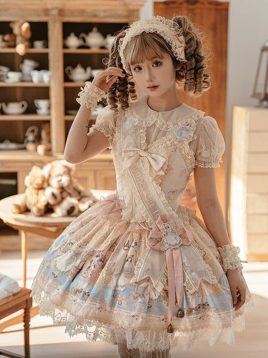 Korsett Beige JSK Süßes Set Party Volldruckkleid Kitty Mieder Lolita Tee