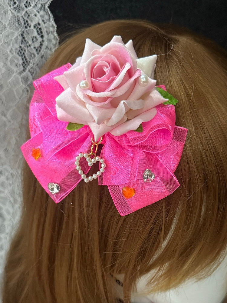 Red Design Floral Bowknot Rose Details Hairclip Heart