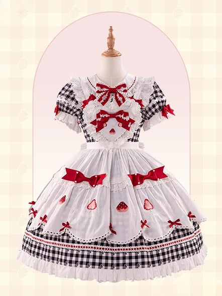 Sleeves Gingham Lolita Dress Strawberry Sweet Print with Puff Black White