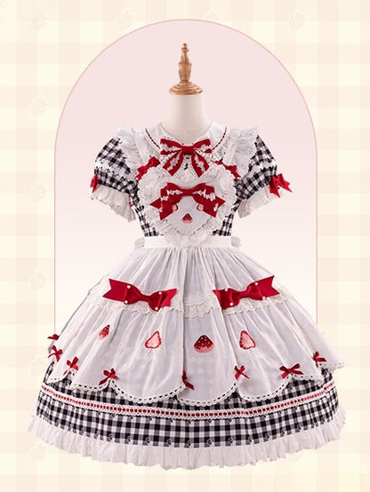Sleeves Gingham Lolita Dress Strawberry Sweet Print with Puff Black White