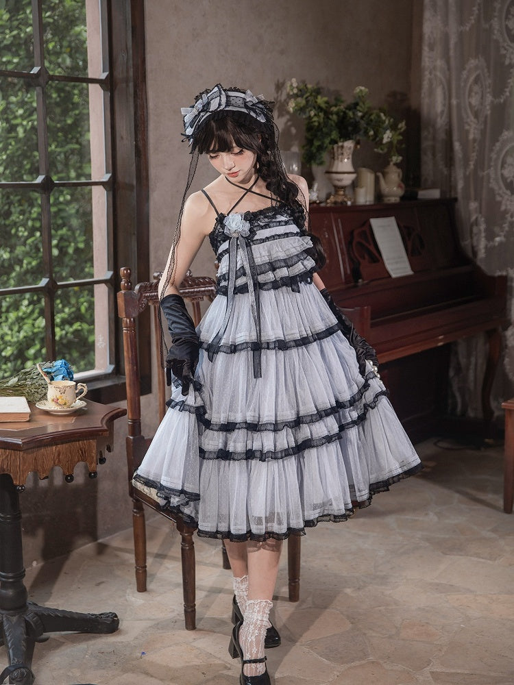 Navy-Black Sweet Lolita JSK with Lace & Layered Skirt - Aisling
