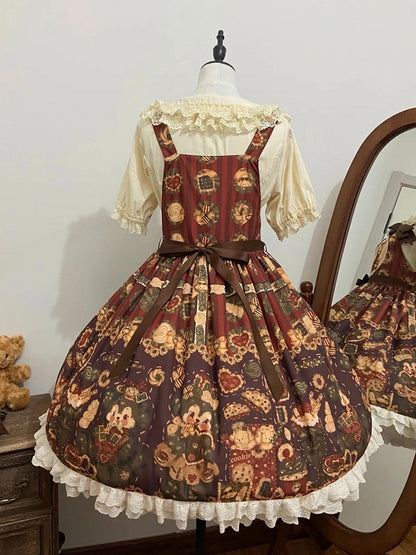 Cookies Print Dress Lolita Puppy Overall Set Reddish Furry Full Brown and Sweet
