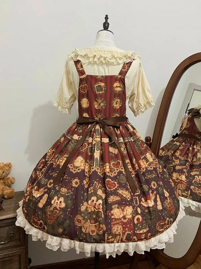 Brown Sweet Reddish Cookies and Overall Dress Print Puppy Furry Lolita