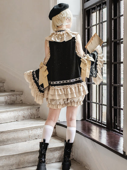 Black & Golden Cross Embroidery Cutout Shoulder Ruffled Ouji Lolita Top with Bloomers Set - Unknown Star