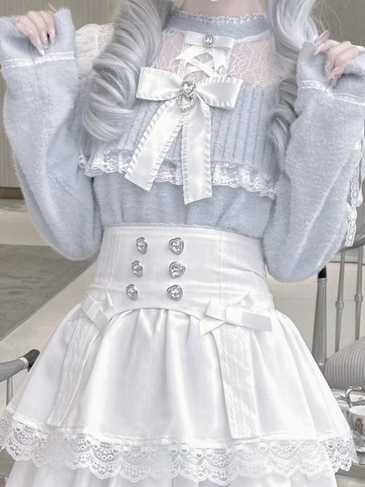 ジライケイの青と白のイリュージョンネックラインカットアウトショルダーランドマインスタイルセーター