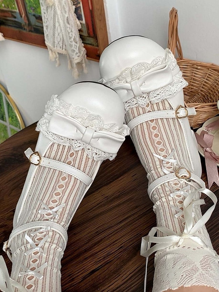 Toe at White Mid Sweet Heels Lace with Round Top Trim Bow