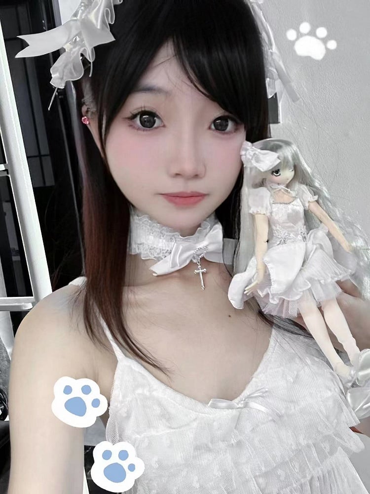 ピンク/ブルー/ホワイト ジライケイ クロス装飾レーストリム ちょう結びヘアバンド/ネックレス/リストカフ