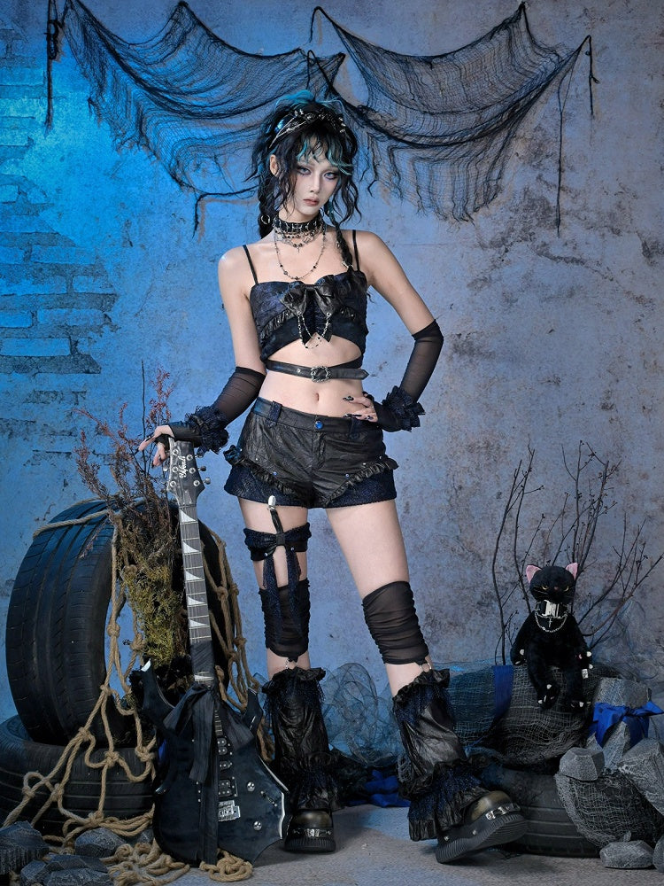 Top Bow Buckle Strap Vintage Blue Cropped Hem Tie with Black Rockabilly