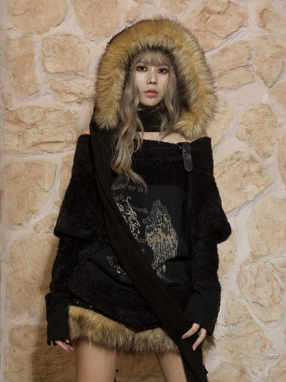 Punk Print Wing Off-Shoulder Strap Knit Top with Sleeves Batwing Black Buckle