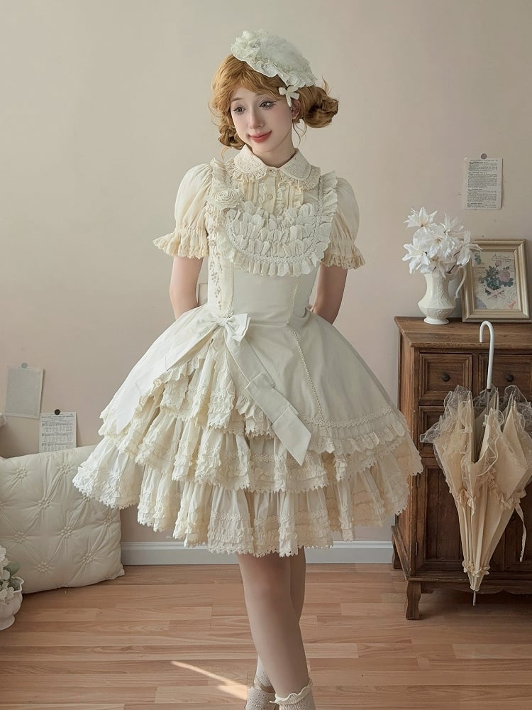 Jumper Slim Lolita Beige Fit Tiered Waist Elegant Skirt