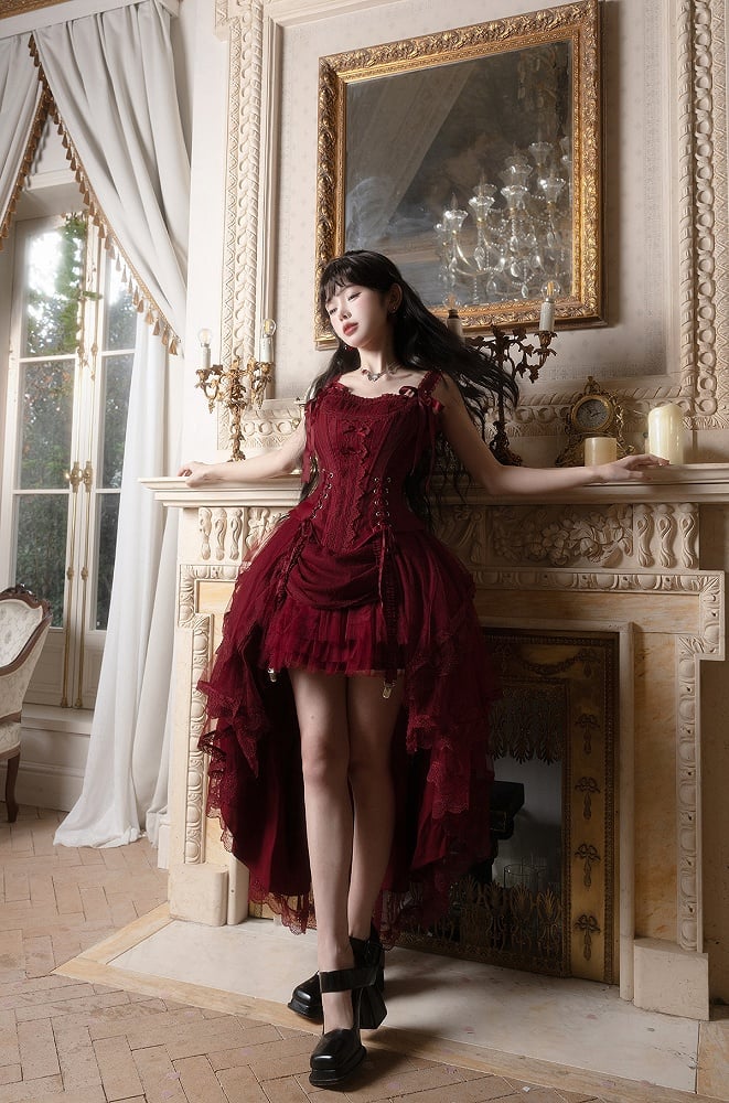 Red Classic Lolita Corset Top with Layered Tulle Skirt - Caramelantike