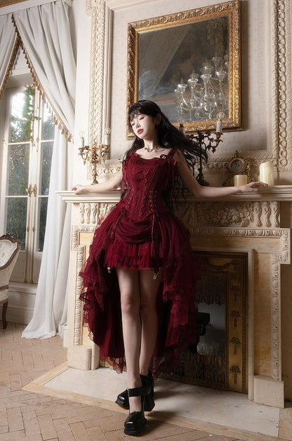 Red Classic Lolita Corset Top with Layered Tulle Skirt - Caramelantike