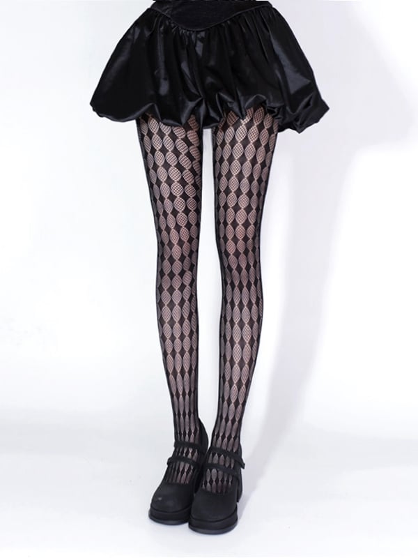 柄 / ダイヤモンドタイツ ホワイト ブラック フィッシュネット