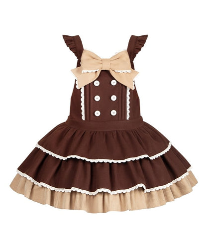 Dropped Lolita Sweet Hem Tiered Waist Dress Coffee Overall Bow with and