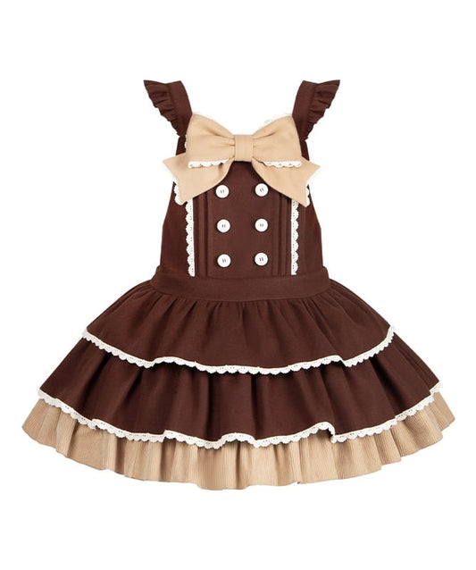 Dropped Lolita Sweet Hem Tiered Waist Dress Coffee Overall Bow with and