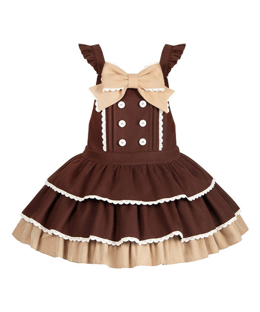 Sweet Lolita Overall Dress in Coffee with Bow & Tiered Hem, Dropped Waist - With PUJI