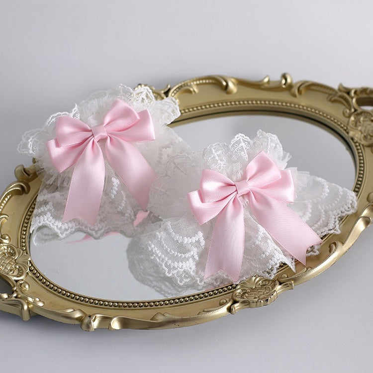 Cuffs A Pink White Lace Lolita Wrist Pair With Of Cute Bowknots
