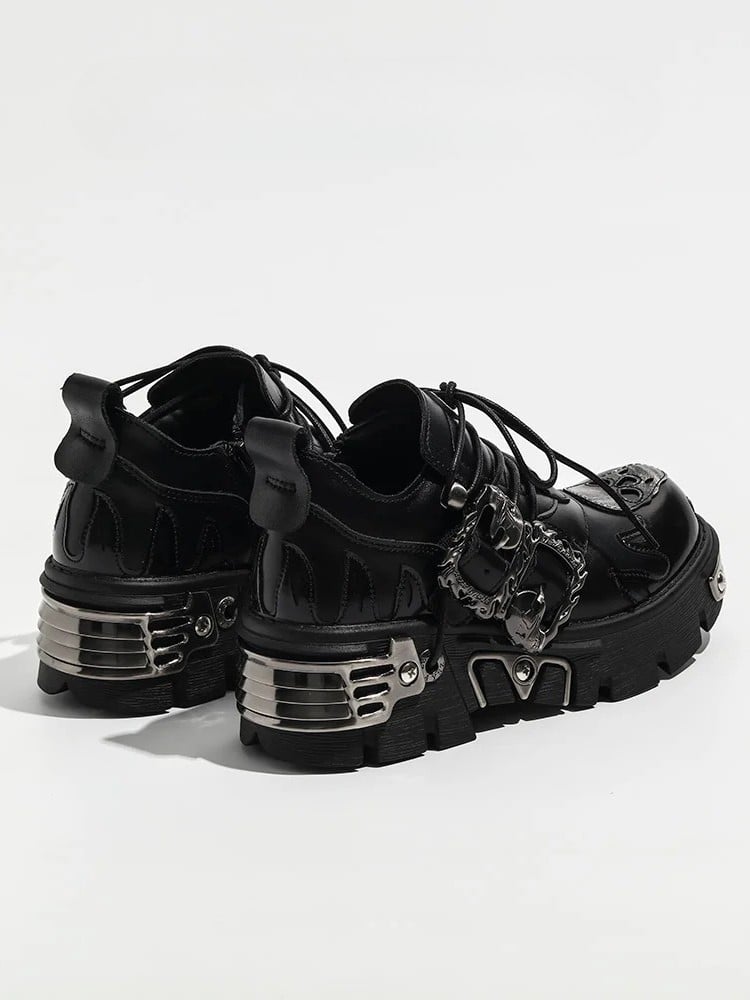 Flame with Shoes Lace-Up Detail And Closure Black Platform Punk - Buckles Skeleton Detailing
