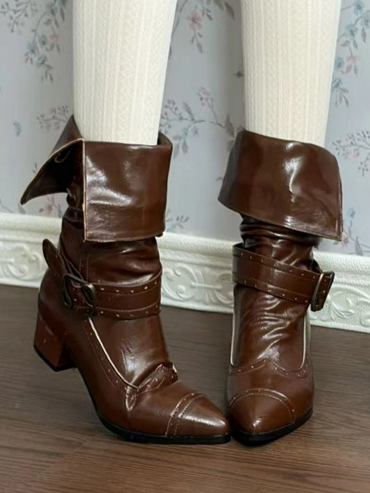 Boots Brown Stacked - Slip-On Design Clasps Mid-heel 4cm Shaft with Collapsible Ornate Light