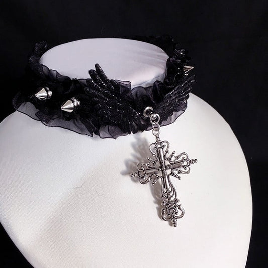 Cross Studs and Choker Pendant Gothic Black/White with Lace Ruffled