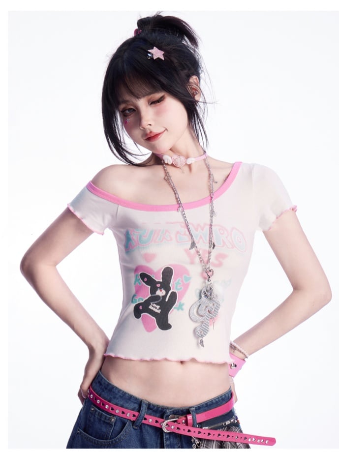 Asymmetrical Neckline Cute Bunny Print Pink Lettuce Hem White