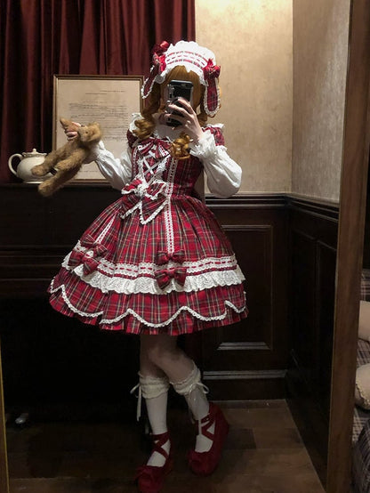 with Lolita Scalloped and Dress Puff Trim Bow Accents Sweet Plaid Edge Sleeves Red