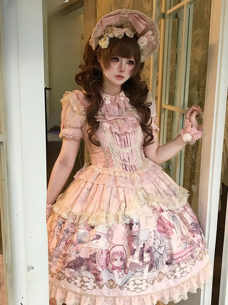 Sleeves Pink Cat Dress Flutter Trim and Bow Lace Print Accents Sweet with Lolita JSK