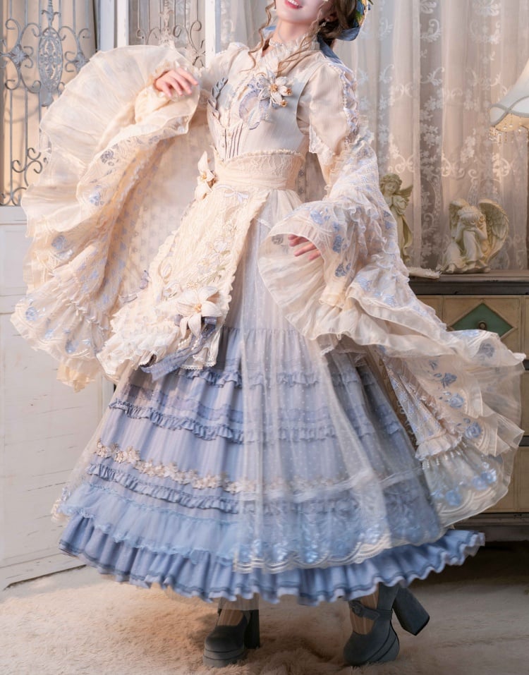 Lily Embroidery Applique Layered Hem Blue Classic Lolita Dress Front Button Placket
