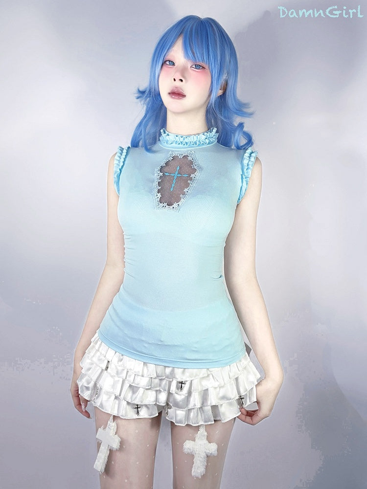 Gothic Ärmelloses Top Hellblau Mock Neck Sargförmiger Ausschnitt Pastell