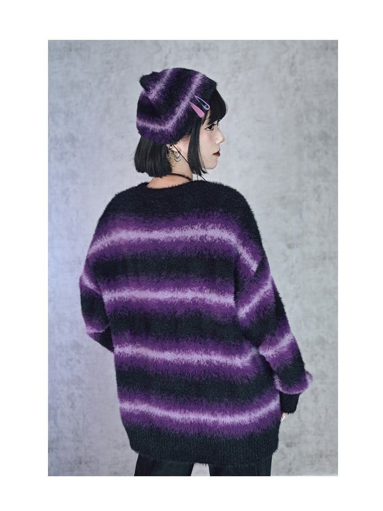 Pom-Poms Cat Gradient Stripes Purple Cheongsam Mink Beanie with Faux Ear Gothic